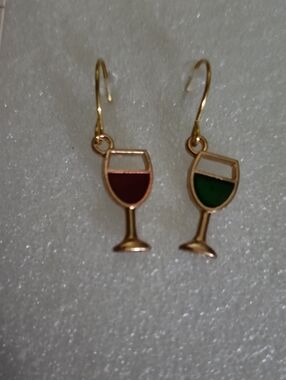 Hand Crafted Gold-Tone Wine Glass Dangle Earrings with Red and Green Enamel